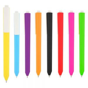 Bolígrafo de plástico de color sólido, con clip blanco y mecanismo de click.